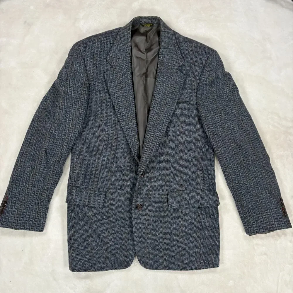 College Town Clothes Mens Wool Blazer Gray Herringbone Plaid Sport Coat Vintage